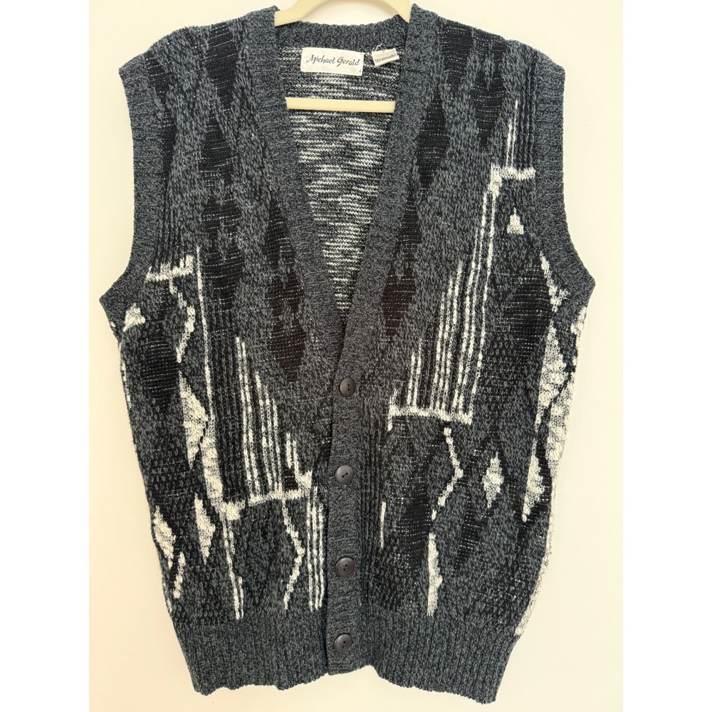 Vintage 90s Michael Gerald‎ Sweater Vest L Black Gray Pattern Knit Y2K